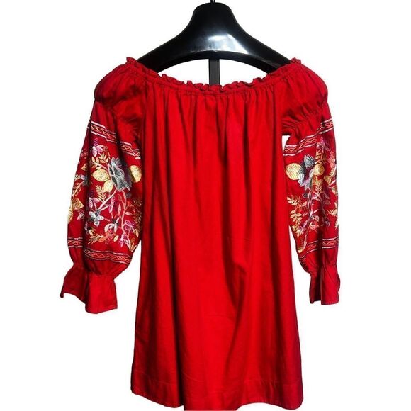 Free People Red Off The Shoulder Embroidered Long Sleeve Mini Dress Size XS - Picture 2 of 4